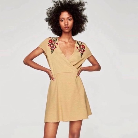 Zara Dresses & Skirts - Zara Tan Knit Floral Embroidered Surplice Dress
